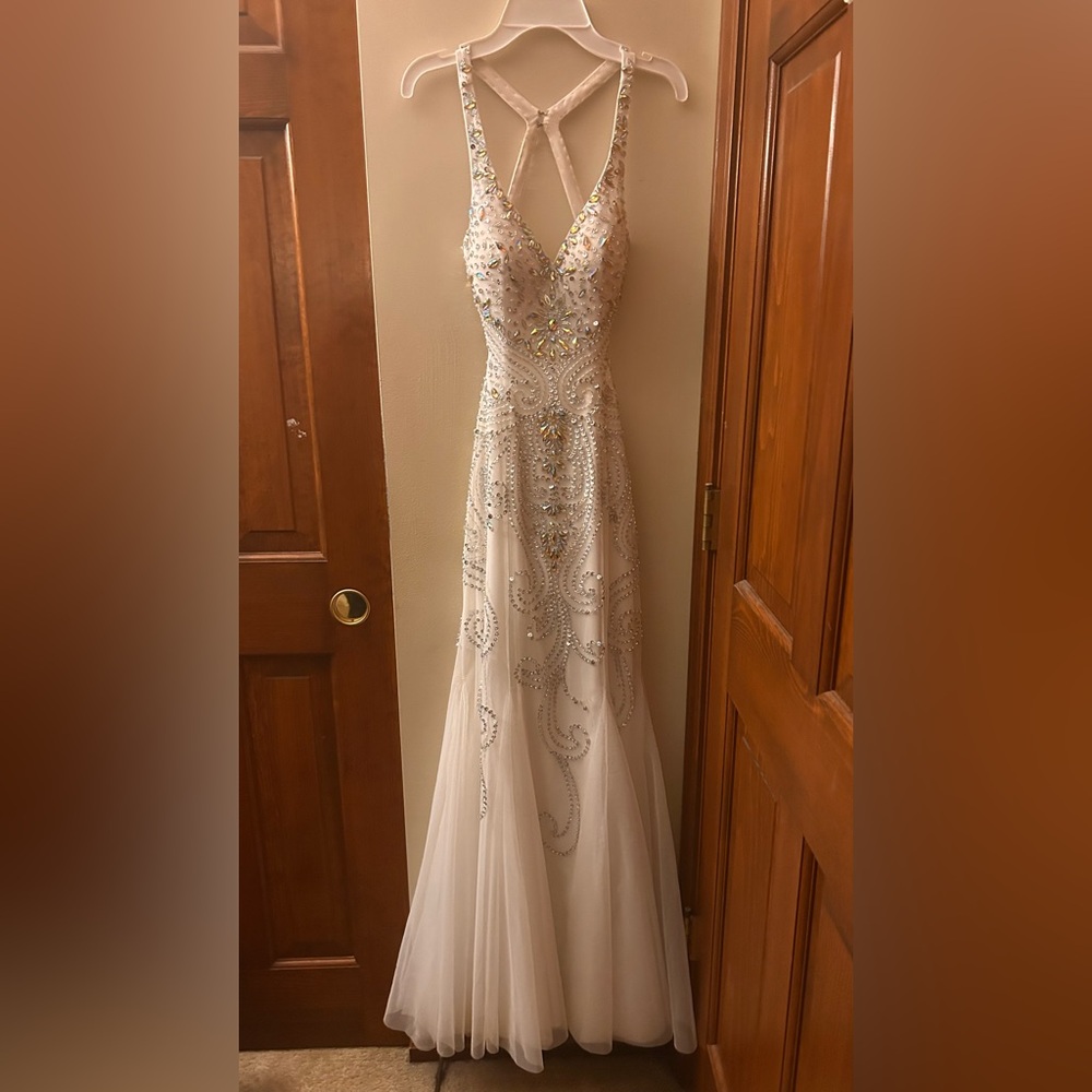 Sean Collection White and Silver Embellished Prom Dress
